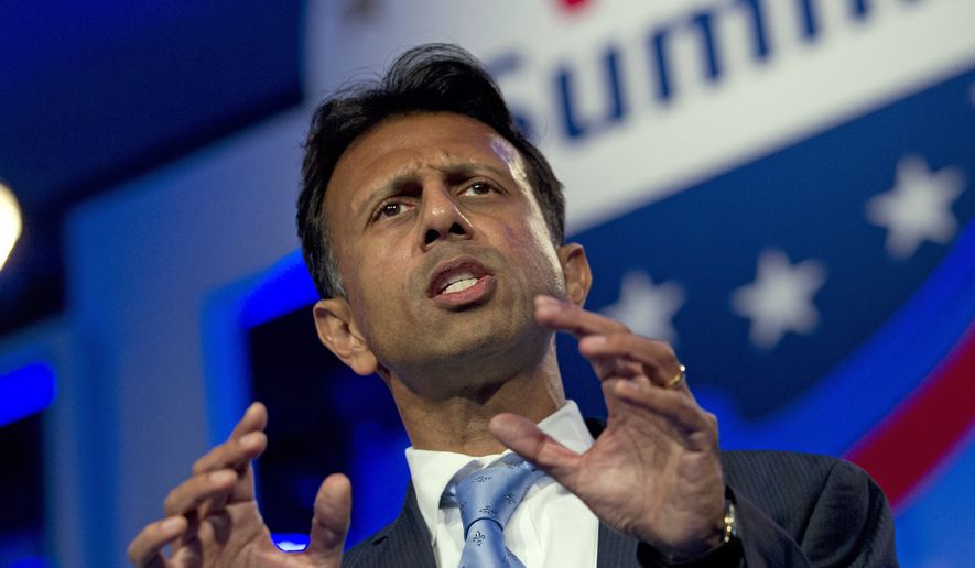 Louisiana Gov. Bobby Jindal talked about defunding Planned Parenthood in his state at the Values Voter Summit on Friday, Sept. 25, 2015. (Associated Press). ** FILE **