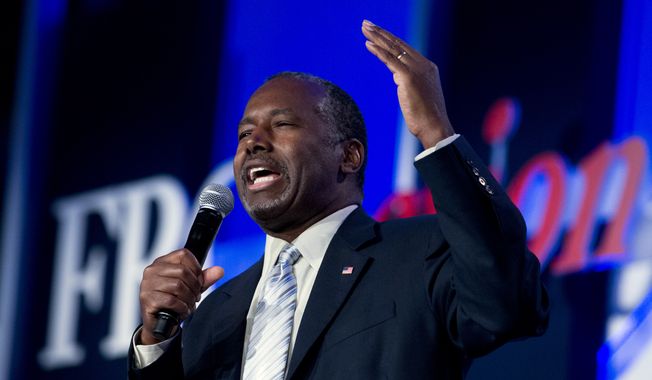 Republican presidential candidate, retired neurosurgeon Ben Carson speaks during the Values Voter Summit, held by the Family Research Council Action, Friday, Sept. 25, 2015, in Washington. ( AP Photo/Jose Luis Magana) ** FILE **