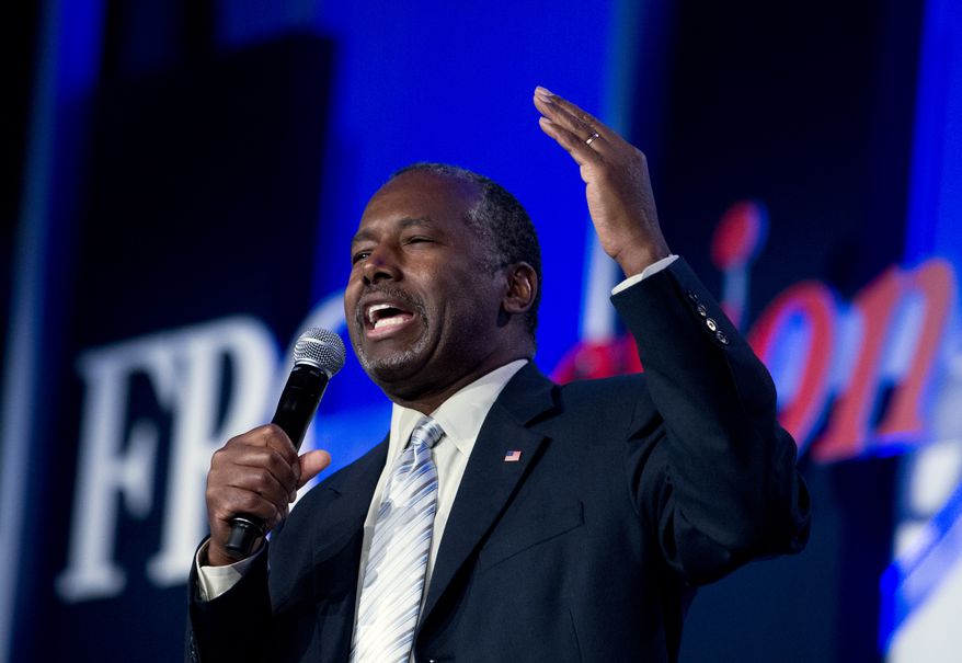 Republican presidential candidate, retired neurosurgeon Ben Carson speaks during the Values Voter Summit, held by the Family Research Council Action, Friday, Sept. 25, 2015, in Washington. ( AP Photo/Jose Luis Magana) ** FILE **