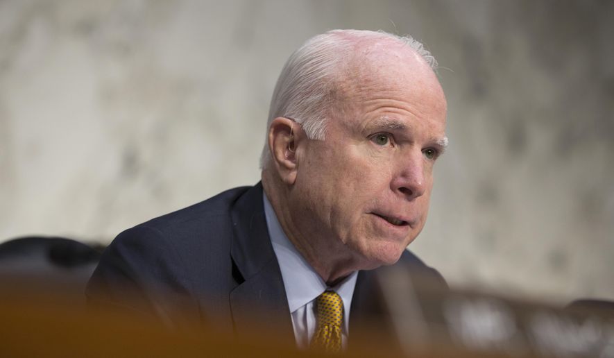 Senate Armed Services Committee Chairman John McCain, Arizona Republican, speaks on Capitol Hill in Washington, on Sept. 22, 2015. (Associated Press)