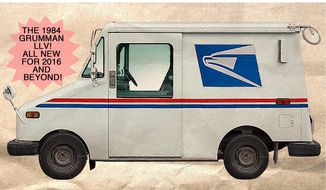Illustration on the proposed USPS replacement fleet by Alexander Hunter/The Washington Times