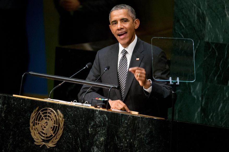 In this Sept. 27, 2015, file photo, President Barack Obama speaks at the United Nations Sustainable Development Summit, Sunday, Sept. 27, 2015, at the United Nations headquarters. Face-to-face for the first time in nearly a year, Obama and Russian President Vladimir Putin on Monday, Sept. 28, will confront rising tensions over Moscow’s military engagement in Syria, as well as the stubborn crisis in Ukraine. (AP Photo/Andrew Harnik, File)