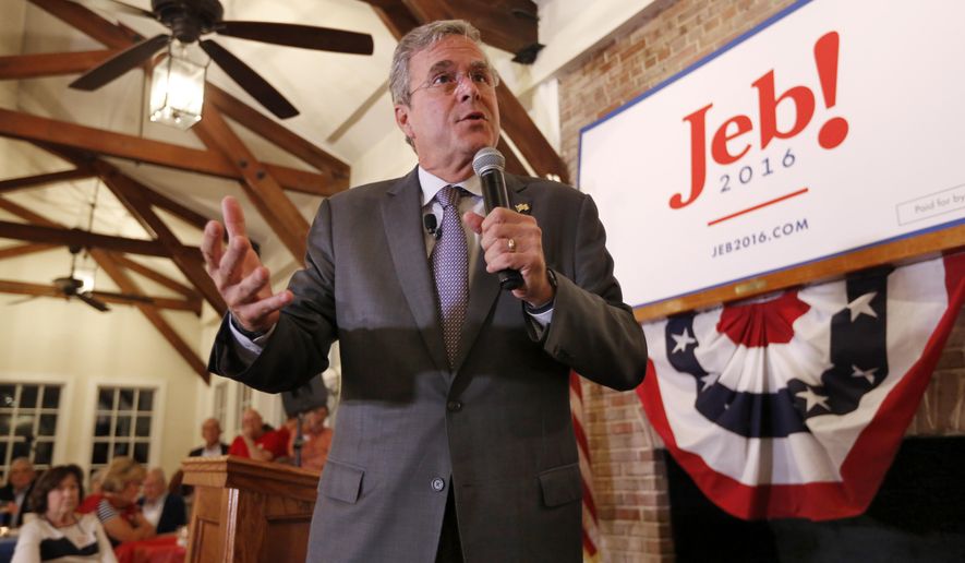 FILE - In this Sept. 24, 2015, file photo, Republican presidential candidate former Florida Gov. Jeb Bush speaks to local South Carolina republicans during the East Cooper Republican Women's Club Annual Shrimp Dinner at Alhambra Hall in Mt. Pleasant, S.C. Republican presidential candidate Jeb Bush says ending the ban on U.S. oil exports and easing restrictions on natural gas exports will unleash the nation’s economy. Bush is scheduled to discuss the plan at Rice Energy near Pittsburgh, Pa., Tuesday, Sept. 29. (AP Photo/Mic Smith, File)