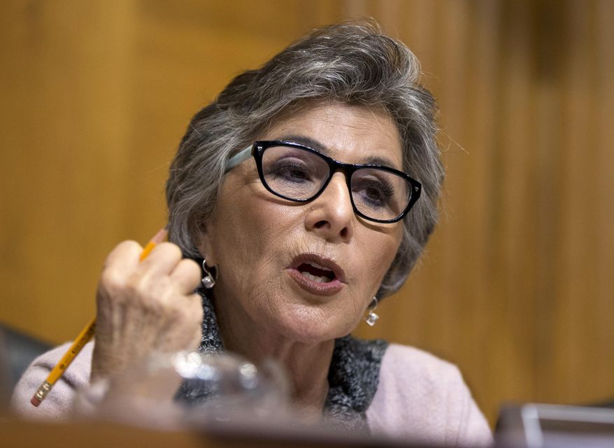 Sen. Barbara Boxer, D-Calif., ranking member on the Senate Environment and Public Works Committee Committee, questions Environmental Protection Agency (EPA) Acting Assistant Administrator for Air and Radiation Janet McCabe, on Capitol Hill in Washington, Tuesday, Sept. 29, 2015, during the committee's hearing on “Economy-wide Implications of President Obama's Air Agenda." (AP Photo/Manuel Balce Ceneta)