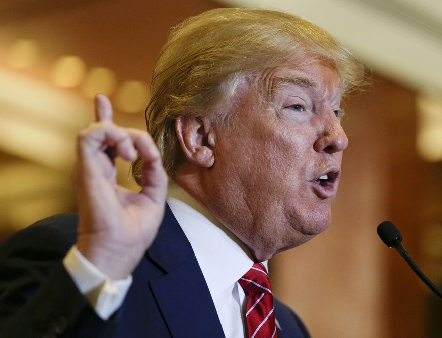 Republican presidential candidate Donald Trump talks about his tax plan during a news conference, Monday, Sept. 28, 2015, in New York. The Republican front-runner is calling for an overhaul of the tax code that would eliminate income taxes for millions of Americans, while lowering them for the highest-income earners and business.(AP Photo/Julie Jacobson)