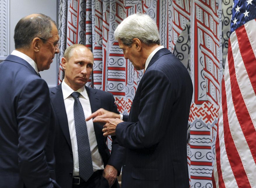 Russian President Vladimir Putin, center, and Foreign Minister Sergey Lavrov, left, listen to U.S. Secretary of State John Kerry, right, before a bilateral meeting at United Nations headquarters in New York, Monday, Sept. 28, 2015. (Mikhail Klimentyev, RIA-Novosti, Kremlin Pool Photo via AP)