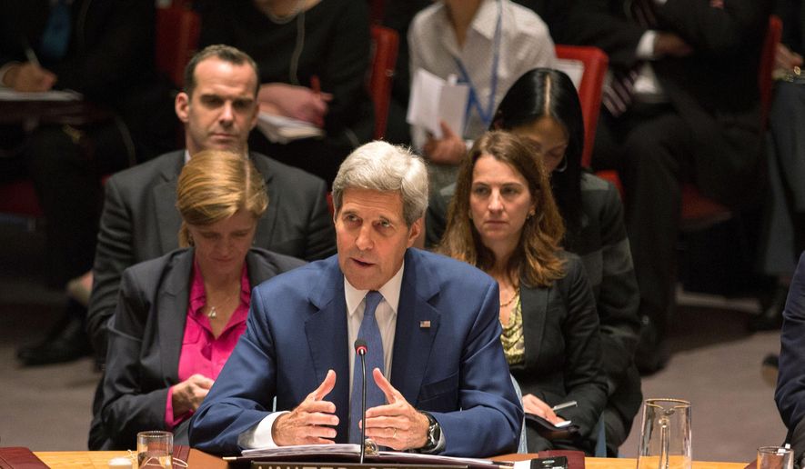 U.S. Secretary of State John Kerry attends the United Nations Security Council, Wednesday, Sept. 30, 2015, at the U.N. headquarters. During the meeting, Kerry delivered remarks encouraging the international community to end the conflict in Syria. (AP Photo/Kevin Hagen)
