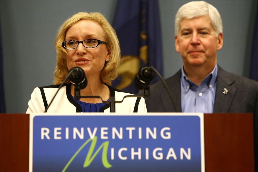 Joan Larsen speaks to the media after she was appointed to the Michigan Supreme Court by Gov. Rick Snyder during an news conference at George Romney Building in downtown Lansing, Mich., Wednesday, Sept. 30, 2015. (Danielle Duval /Jackson Citizen Patriot via AP) ** FILE **