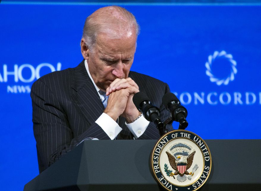 Vice President Joe Biden pauses while speaking at the fifth annual Concordia Summit Thursday, Oct. 1, 2015, in New York, while briefly commenting on a deadly shooting at Umpqua Community College, in Roseburg, Ore., that happened earlier in the day. (AP Photo/Craig Ruttle) **FILE**