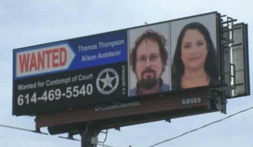FILE - This file image from undated video provided by WSYX-TV shows the wanted billboard for ex-fugitive deep-sea treasure hunter Tommy Thompson, left, and his longtime female companion Alison Antekeier, right. Antekeier faces up to three years on probation, but no prison time, when U.S. District Judge Algenon Marbley sentences her Friday, Oct. 2, 2015, following her guilty plea to one count of contempt of court earlier this year. She was apprehended in January at a hotel where she and Thompson were living near Boca Raton, Fla.,, and Thompson's sentencing is scheduled Oct. 29, 2015. (WSYX-TV via AP, File)