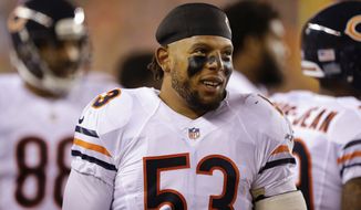 Chicago Bears linebacker Mason Foster (53) on the bench in the first half of an NFL preseason football game against the Cincinnati Bengals, Saturday, Aug. 29, 2015, in Cincinnati. (AP Photo/Michael Conroy)
