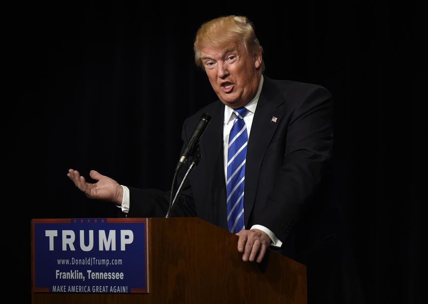 Republican presidential candidate Donald Trump speaks at an event Saturday, Oct. 3, 2015, in Franklin, Tenn. (AP Photo/Mark Zaleski) ** FILE **
