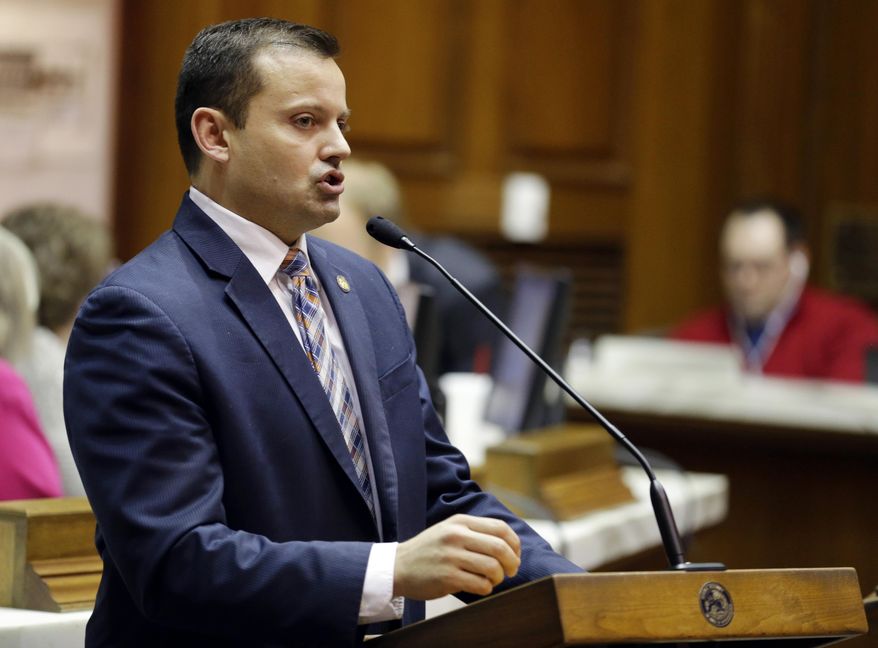 FILE - In this Feb. 9, 2015, file photo, Rep. Jud McMillin, R-Brookville, presents a bill at the Statehouse in Indianapolis. House Republicans announced Tuesday, Sept. 29, that McMillin was resigning from the Legislature. As Indiana House Republicans prepare to elect a new majority leader Tuesday, Oct, 6, they are standing by their decision last fall to give that leadership post to McMillin. (AP Photo/Michael Conroy, File)
