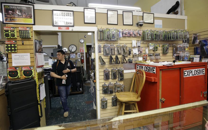 In this Wednesday, Sept. 30, 2015 photo, High Bridge Arms general manager Steve Alcairo holds a firearm while interviewed in San Francisco. High Bridge Arms, the last gun store in San Francisco, is scheduled to close on Oct. 31, 2015. (AP Photo/Jeff Chiu)