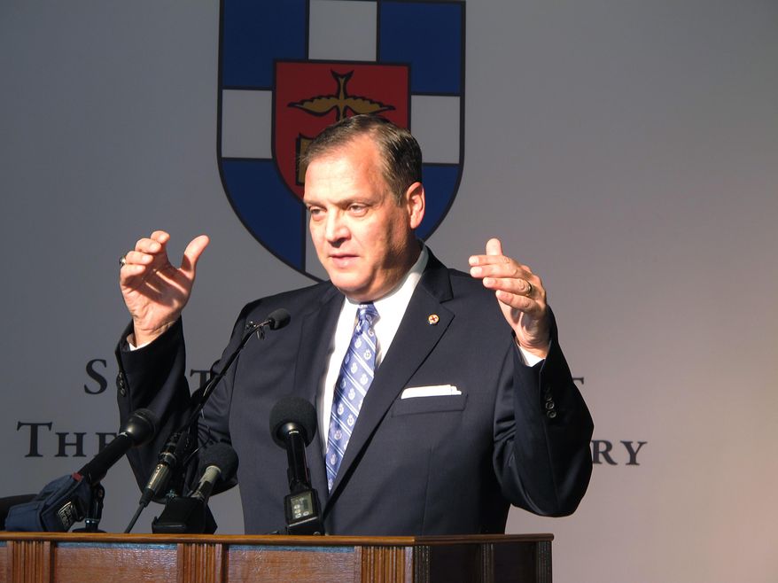In this file photo, the Rev. R. Albert Mohler Jr., president of Southern Baptist Theological Seminary, speaks to reporters on Monday, Oct. 5, 2015 about a conference in Louisville, Ky. Rev. Mohler is among a number of Southern Baptist seminary presidents to release a joint statement on Nov. 30, 2020, condemning Critical Race Theory (AP Photo/Bruce Schreiner)  **FILE**
