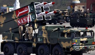 A Nasr missile is loaded on a military vehicle during the Pakistan National Day parade in Islamabad, Pakistan, Monday, March 23, 2015. (Associated Press)