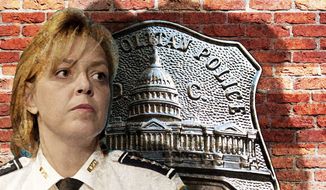 Illustration on the position of the D.C. Metropolitan police under Chief Lanier by Alexander Hunter/The Washington Times
