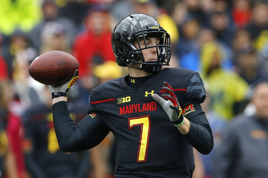 Maryland quarterback Caleb Rowe throws to a receiver in the first half of an NCAA college football game against Michigan, Saturday, Oct. 3, 2015, in College Park, Md. (AP Photo/Patrick Semansky)
