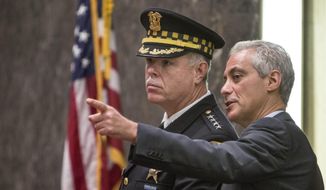 Chicago Police Superintendent Garry McCarthy and Mayor Rahm Emanuel at a police speak in the City Council chambers, Tuesday, Oct. 6, 2015 in Chicago. A group of Chicago aldermen are demanding that the city&#x27;s police superintendent resign, pointing to the street violence that plagues the city. (Rich Hein/Sun-Times via AP) MANDATORY CREDIT, MAGS OUT, NO SALES, CHICAGO TRIBUNE OUT **FILE**