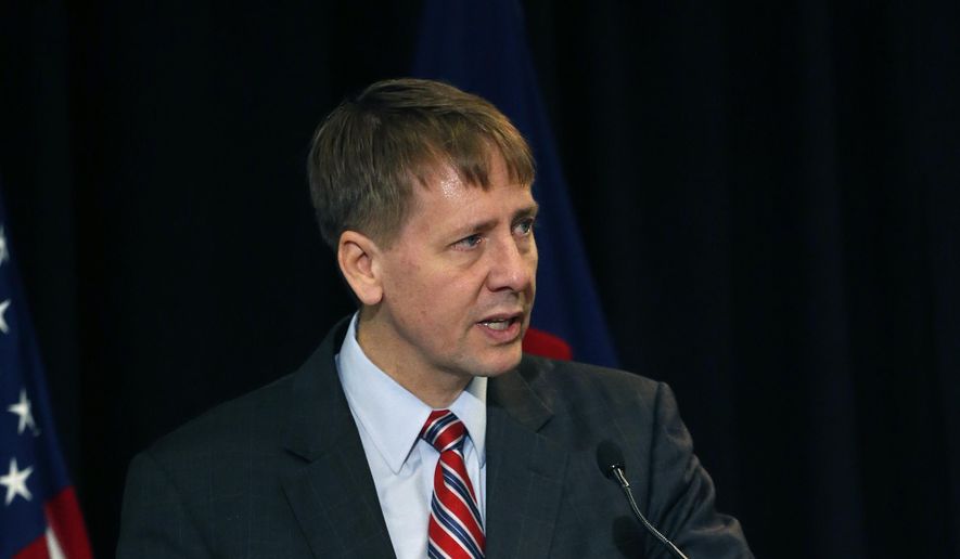 In this file photo, Consumer Financial Protection Bureau Director Richard Cordray speaks during a a hearing in Denver where he discussed his agency&#x27;s proposal on arbitration, in Denver, Colo., Wednesday, Oct. 7, 2015. If enacted, the plan would severely curtail a contentious practice called mandatory arbitration, which consumer advocates have long argued does a disservice to people who have disputes with banks, credit card issuers and other financial service providers. (AP Photo/Brennan Linsley) **FILE**