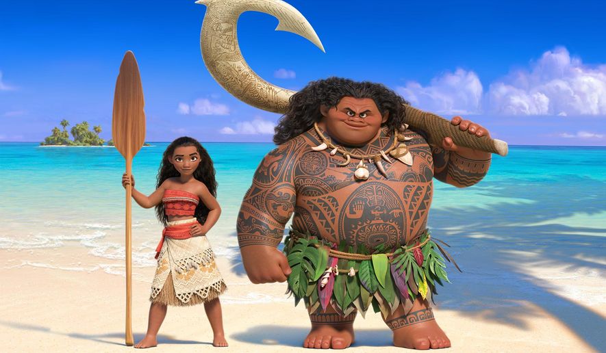 This image released by Disney shows characters Moana, voiced by Auli'i Cravalho, left, and Maui, voiced by Dwayne Johnson, from the upcoming animated film, "Moana." The film will be released in U.S. theaters on Nov. 23, 2016. (Disney via AP)