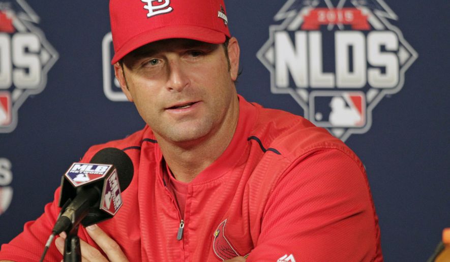 St. Louis Cardinals manager Mike Matheny answers questions during a press conference, Thursday, Oct. 8, 2015, in St. Louis. The Cardinals face the Chicago Cubs, for the first time in post-season history, in the National League Division Series.  (AP Photo/Tom Gannam)