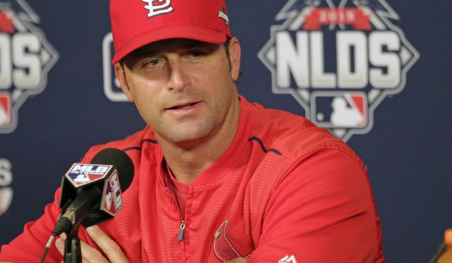 St. Louis Cardinals manager Mike Matheny answers questions during a press conference, Thursday, Oct. 8, 2015, in St. Louis. The Cardinals face the Chicago Cubs, for the first time in post-season history, in the National League Division Series.  (AP Photo/Tom Gannam)