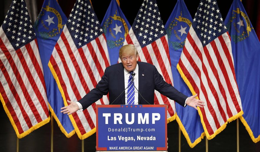 Republican presidential candidate Donald Trump speaks at a rally Thursday, Oct. 8, 2015, in Las Vegas. (AP Photo/John Locher)