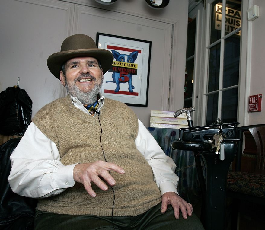 Chef Paul Prudhomme gestures during an interview at his French Quarter restaurant, K-Paul's Louisiana Kitchen, in New Orleans, in this Friday, Feb. 2, 2007, file photo. He died Thursday, Oct. 7, 2015, at age 75. (AP Photo/Bill Haber, File)