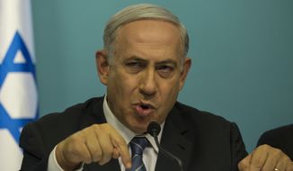 Israeli Prime Minister Benjamin Netanyahu speaks during a press conference at his office in Jerusalem, Israel, Thursday, Oct. 8, 2015. (AP Photo/Tsafrir Abayov) ** FILE **