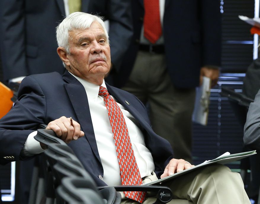 FILE - In this Monday, July 13, 2015, file photo, Oklahoma County Sheriff Stanley Glanz listens at a county commissioner&#x27;s meeting in Tulsa, Okla. Glanz leaves office next month after a 50-year career in law enforcement days before a hearing on two indictments handed down by a grand jury. (AP Photo/Sue Ogrocki, File)
