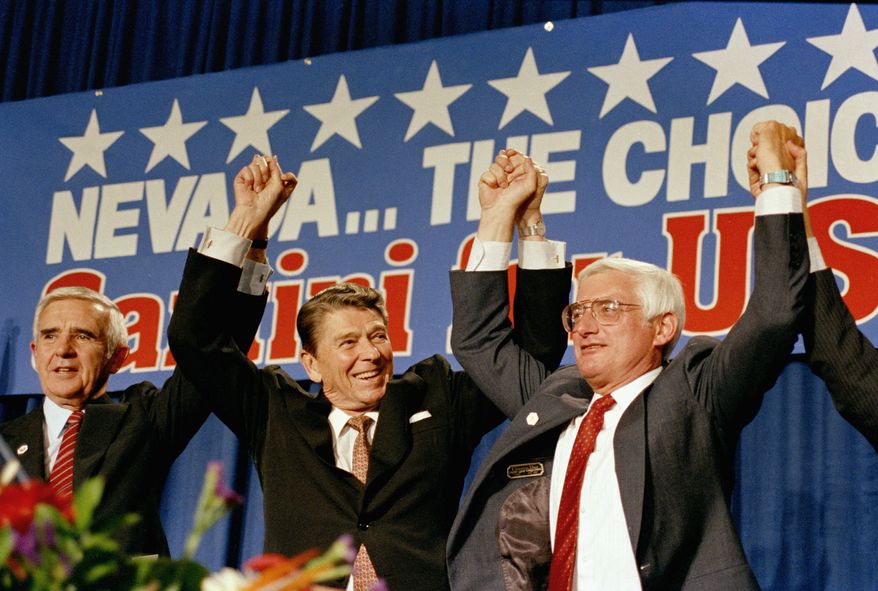 President Ronald Reagan pictured with Senate candidate Jim Santini during a fundraising dinner for Santini in Las Vegas in June 1986