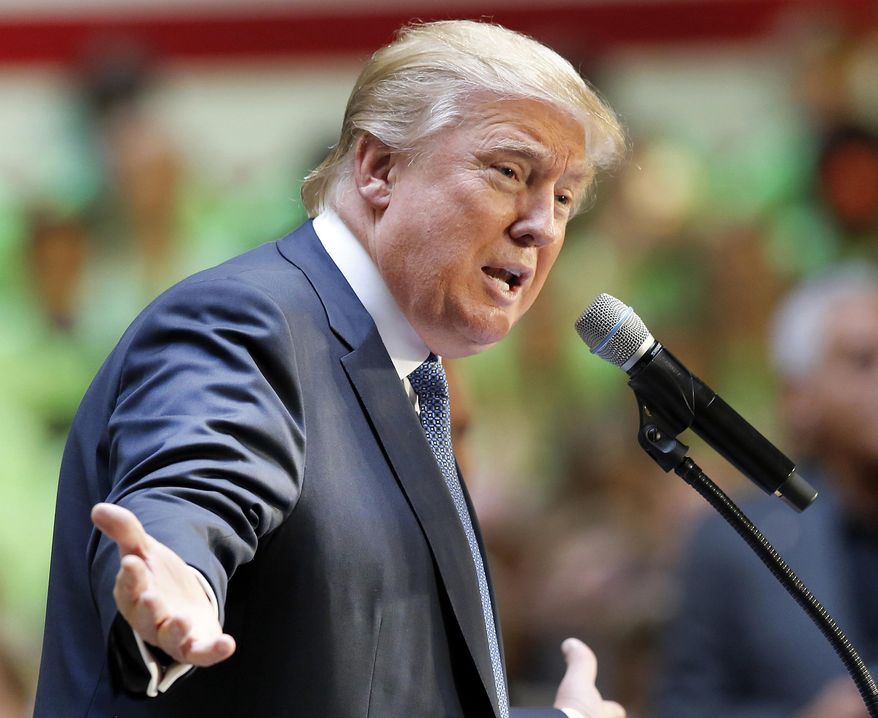 Republican presidential candidate Donald Trump speaks during a No Labels Problem Solver convention Monday, Oct. 12, 2015, in Manchester, N.H. (AP Photo/Jim Cole) ** FILE **