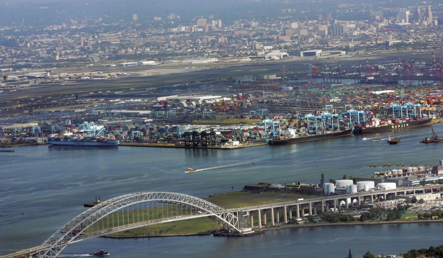 In this Sept. 11, 2008, file photo, the port of Newark, N.J., is seen beyond the Bayonne Bridge, in Bayonne, N.J. (AP Photo/Mel Evans, File)