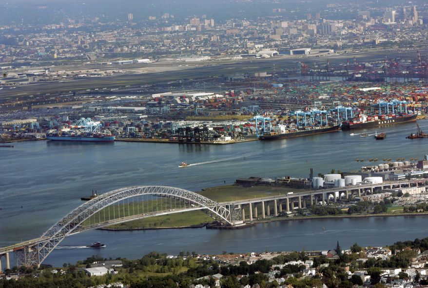 In this Sept. 11, 2008, file photo, the port of Newark, N.J., is seen beyond the Bayonne Bridge, in Bayonne, N.J. (AP Photo/Mel Evans, File)