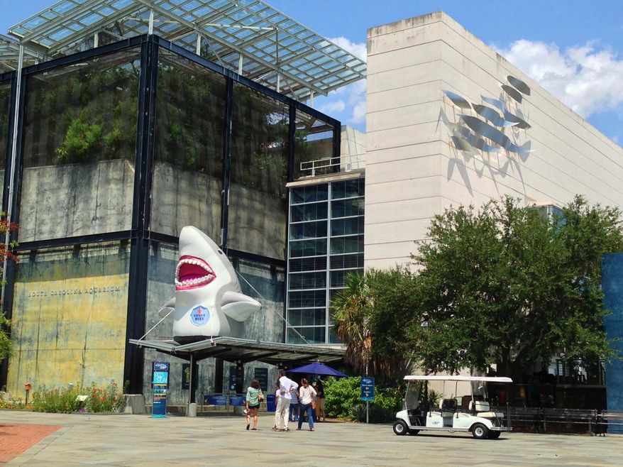 In this photo taken on Aug. 13, 2015, eople stand outside the South Carolina Aquarium in Charleston, S.C. South Carolina is working to assure visitors that things are back after historic rain and flooding and that the state's coast is open for fall vacations. Myrtle Beach, Charleston and the state are mounting media campaigns to let visitors know that tourist attractions are open, as are the roads leading to the coast. (AP Photo/Bruce Smith)