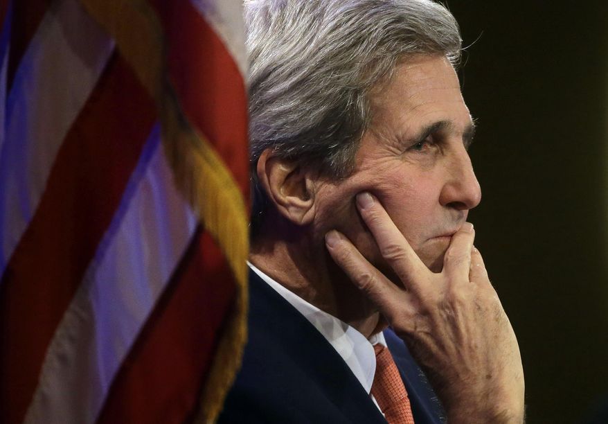 U.S. Secretary of State John Kerry participates in a forum at the Harvard Kennedy School Belfer Center for Science and International Affairs, Tuesday, Oct. 13, 2015, in Cambridge, Mass. (AP Photo/Steven Senne)