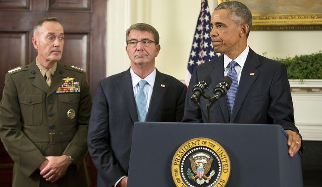 President Barack Obama, with Joint Chiefs Chairman Gen. Joseph Dunford, left, and Defense Secretary Ash Carter, after speaking about Afghanistan, Thursday, Oct. 15, 2015, in the Roosevelt Room of the White House in Washington. Obama announced that he will keep U.S. troops in Afghanistan when he leaves office in 2017, casting aside his promise to end the war on his watch and instead ensuring he hands the conflict off to his successor. (AP Photo/Pablo Martinez Monsivais)