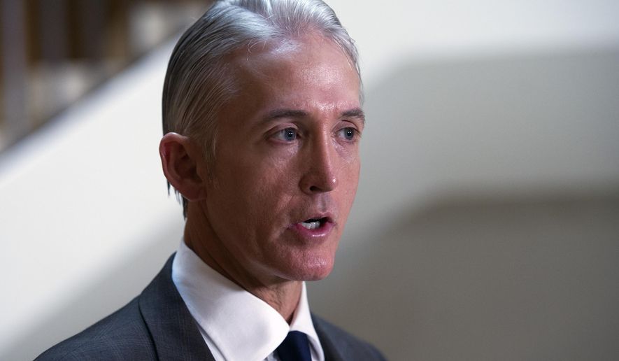 FILE - In this Sept. 4, 2015, file photo, House Select Committee on Benghazi Chairman Trey Gowdy, R-S.C., talks with the media on Capitol Hill in Washington. Gowdy, 51, is a third-term tea partyer and former prosecutor from South Carolina. (AP Photo/Cliff Owen, File)