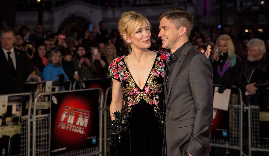 Actors Cate Blanchett, left, and Topher Grace pose for photographers upon arrival at the premiere of the film "Truth", as part of the London film festival in London, Saturday, Oct. 17, 2015. (Photo by Vianney Le Caer/Invision/AP)