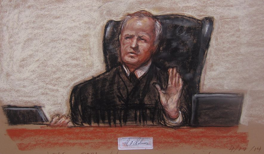FILE - This April 17, 2014, file image shows a Pentagon-approved sketch by court artist Janet Hamlin, of Judge, Army Col. James Pohl as he halts the Sept. 11 pretrial hearing at the Guantanamo Bay U.S. Naval Base in Cuba. Pohl is expected to decide as early as Monday, Oct. 19, 2015, whether he can break the impasse and get the case moving again after it was revealed that members of Ramzi Binalshibh's defense team had been questioned by the FBI into a potential illegal breach of security rules. (AP Photo/Janet Hamlin, Pool, File)