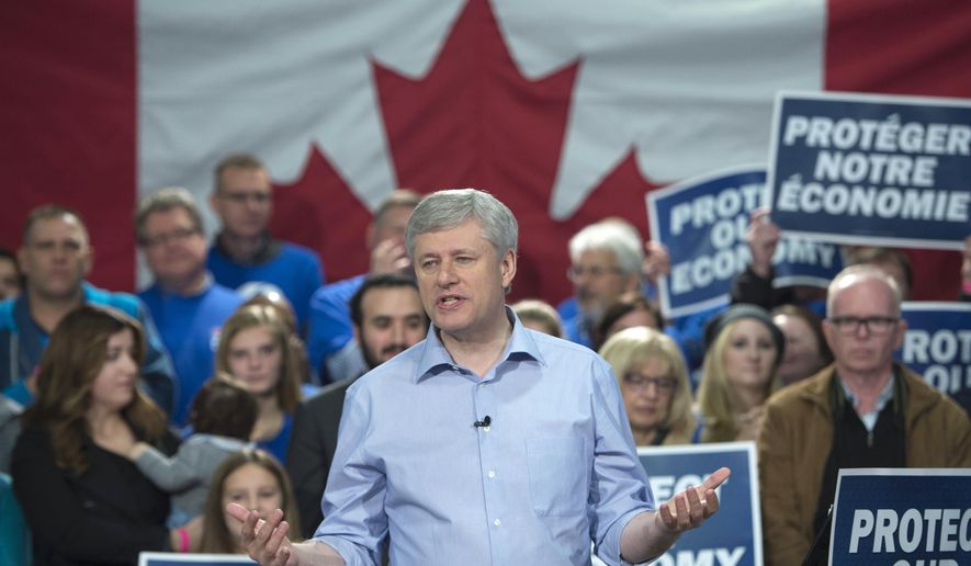 Conservative leader Stephen Harper speaks during a campaign rally in Newmarket, Ont.,  Sunday, Oct. 18, 2015.  Harper, one of the longest-serving Western leaders, is seeking a rare fourth term in Monday&#x27;s election but polls show him narrowly trailing Liberal leader Justin Trudeau, the son of late Prime Minister Pierre Trudeau, one of Canada&#x27;s most charismatic politicians.  (Jonathan Hayward/The Canadian Press via AP)