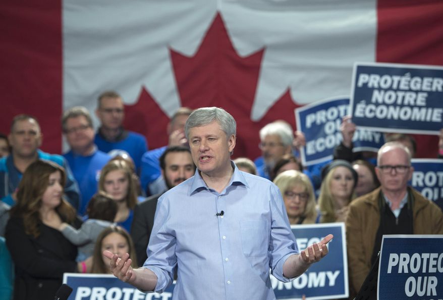 Conservative leader Stephen Harper speaks during a campaign rally in Newmarket, Ont., Sunday, Oct. 18, 2015. Harper, one of the longest-serving Western leaders, is seeking a rare fourth term in Monday's election but polls show him narrowly trailing Liberal leader Justin Trudeau, the son of late Prime Minister Pierre Trudeau, one of Canada's most charismatic politicians. (Jonathan Hayward/The Canadian Press via AP)