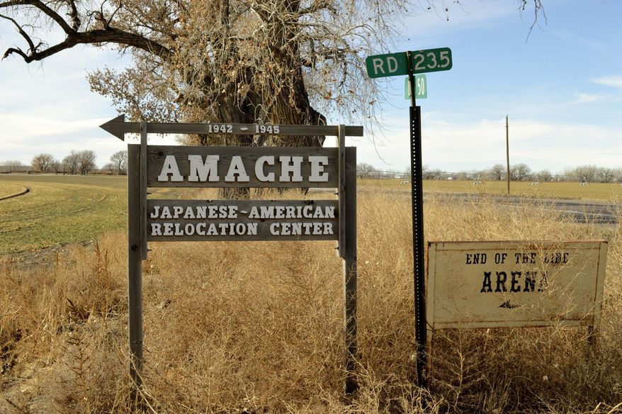 This Jan. 18, 2015, photo shows a sign at the entrance to Camp Amache, the site of a former World War II-era Japanese-American internment camp in Granada, Colo. From 1942 to 1945, more than 7,000 Japanese-Americans and Japanese immigrants were forcibly relocated to what was then called the Granada Relocation Center. They were part of the more than 110,000 Japanese-Americans ordered to relocation camps in California, Colorado, Idaho, New Mexico, Arizona, Wyoming, Utah and Arkansas. (AP Photo/Russell Contreras)