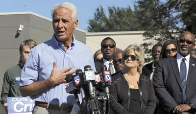Former Republican Florida Gov. Charlie Crist announces that he is running for the U.S. Congress during a news conference Tuesday, Oct. 20, 2015, in St. Petersburg, Fla. Crist hopes new congressional districts ordered by the Florida Supreme Court will give him a good chance to win. (AP Photo/Chris O&#39;Meara)