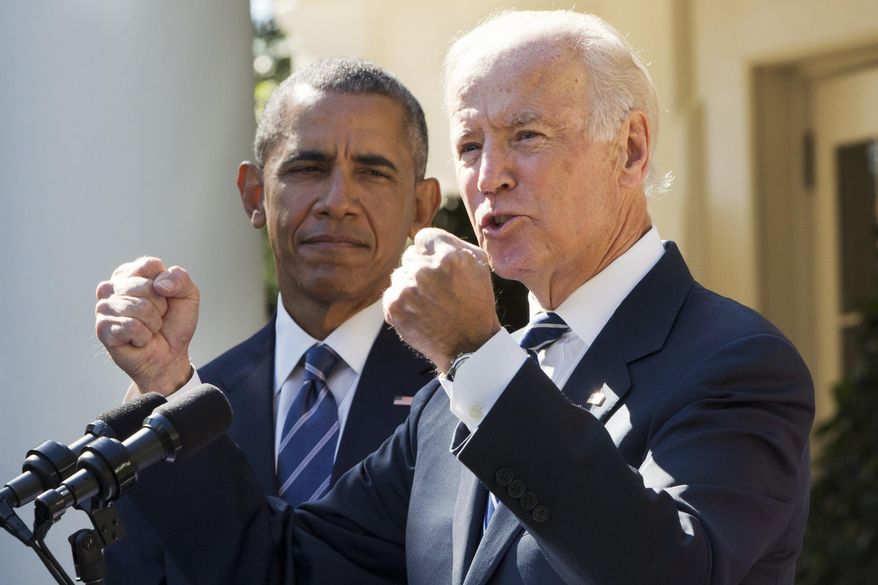 Vice President Joseph R. Biden, accompanied by President Obama, used his announcement that he will not make a bid for the White House to say that four years of college should be offered to all Americans just as 12 years of high school is today. (AP Photo)
