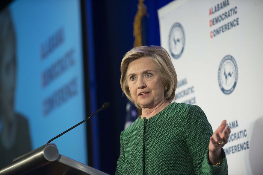 Democratic presidential candidate Hillary Rodham Clinton speaks during the Alabama Semi-Annual Democratic Conference at the Hyatt Regency Wynfrey Hotel in Hoover, Ala., on Oct. 17, 2015. (Albert Cesare /The Montgomery Advertiser via Associated Press) ** FILE **