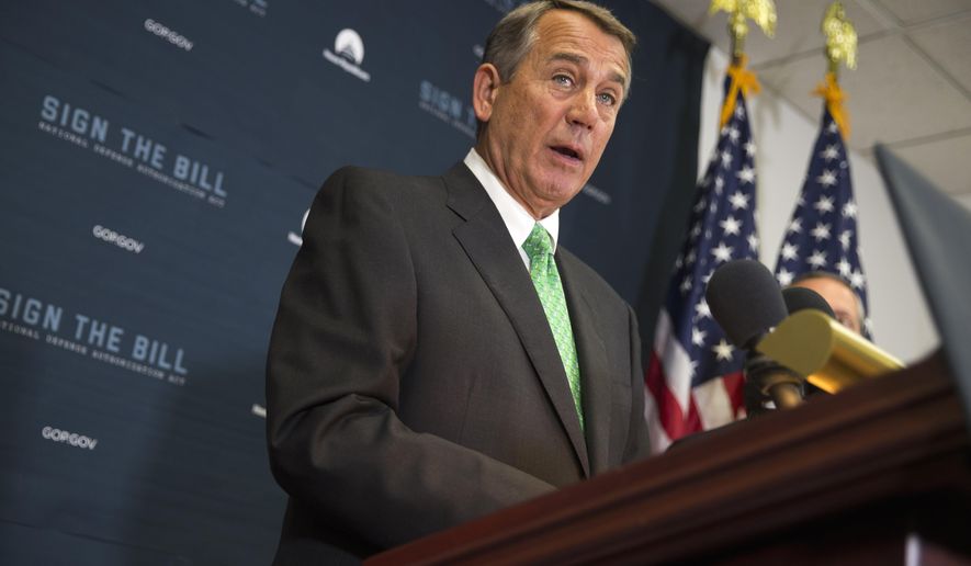 House Speaker John Boehner of Ohio speaks during a news conference on Capitol Hill in Washington, Wednesday, Oct. 21, 2015, following a House GOP conference meeting. Rep. Paul Ryan, R-Wis. is seeking unity in a place it&#x27;s rarely found, telling House Republicans he will serve as their speaker only if they embrace him by week&#x27;s end as their consensus candidate.  (AP Photo/Evan Vucci)