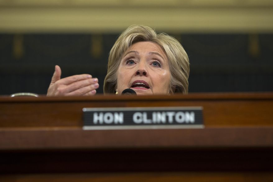 Democratic presidential candidate, former Secretary of State Hillary Rodham Clinton testifies on Capitol Hill in Washington, Thursday, Oct. 22, 2015, before the House Benghazi Committee. (AP Photo/Carolyn Kaster)