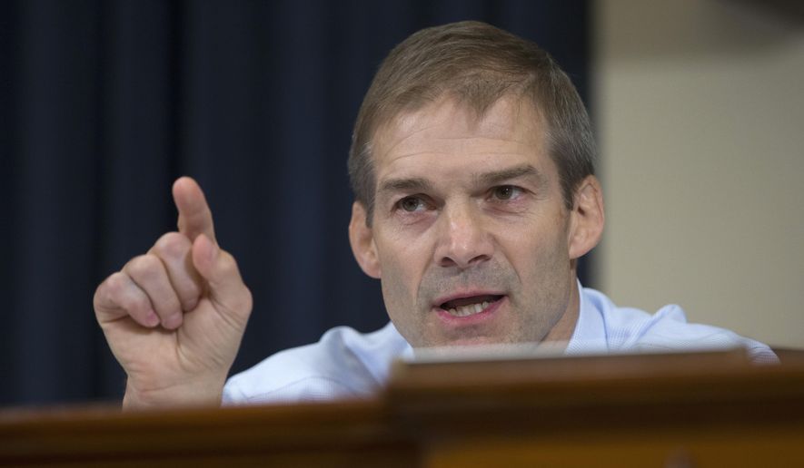 Rep. Jim Jordan, R-Ohio, questions Democratic presidential candidate, former Secretary of State Hillary Rodham Clinton as she testified before the committee on Capitol Hill in Washington, Thursday, Oct. 22, 2015.  (AP Photo/Carolyn Kaster) ** FILE **